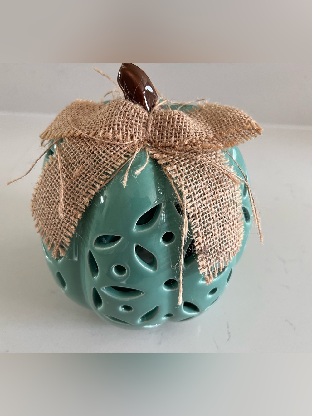 Teal Ceramic Pumpkin - Lighted Luminary Burlap Bow - Fall Decor